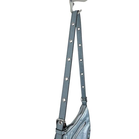 Guess Y2K Chanera Mini Shoulder Bag Blue Metallic Baguette Logo Vegan Studded - Picture 9 of 16